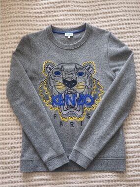 Kenzo Grey Crewneck Sweatshirt with Blue and Yellow Tiger Embroidery